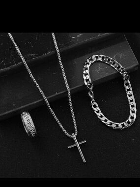Silver Cross Necklace, Curb Chain Bracelet & Patterned Ring Set